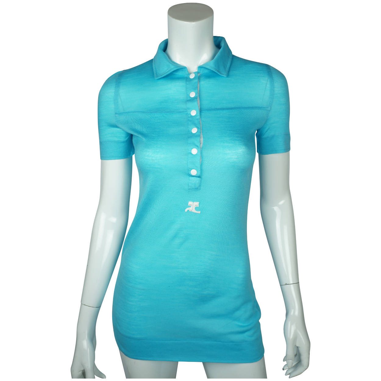 Vintage 1970s Courreges Paris Logo Top Blue Acrylic Knit Size S Made in Belgium - Poppy's Vintage Clothing