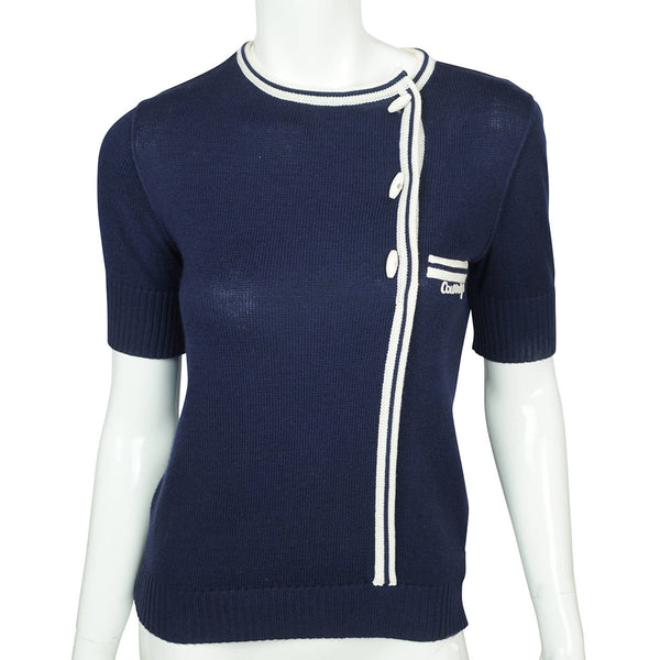 Vintage 1970s Courreges Paris Logo Sweater Top Blue Cotton Acrylic Blend Knit S - Poppy's Vintage Clothing