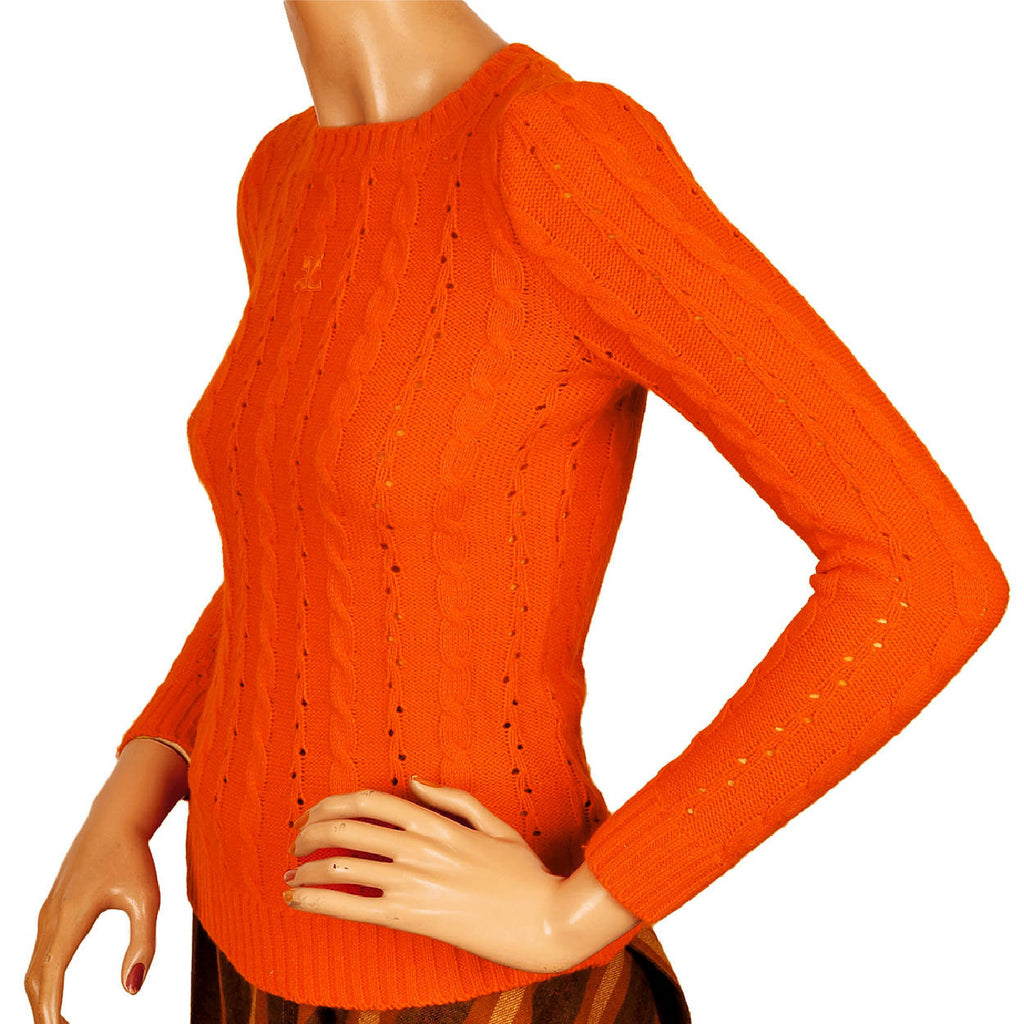 Vintage 70s Courreges Sweater Orange Cable Knit with Logo Top Size S - Poppy's Vintage Clothing