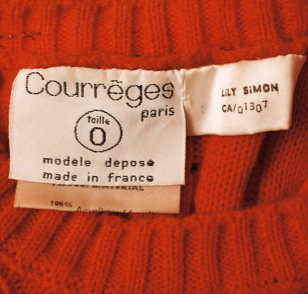 Vintage 70s Courreges Sweater Orange Cable Knit with Logo Top Size S