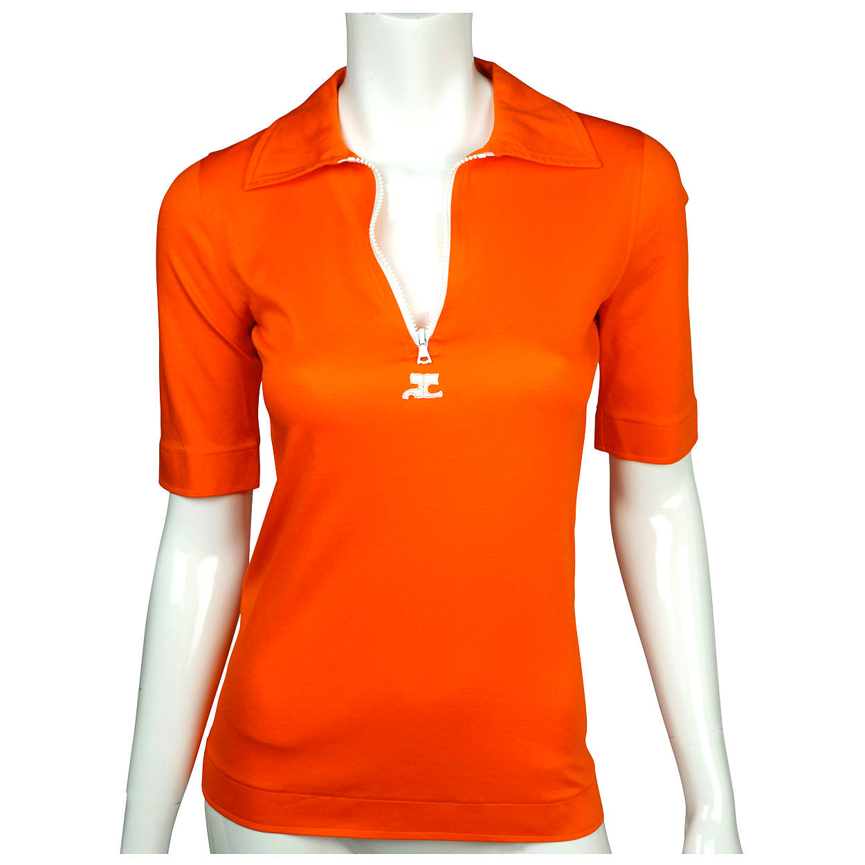 Vintage 1970s Courreges Orange Cotton Top with White Zipper Short Sleeve Size S - Poppy's Vintage Clothing