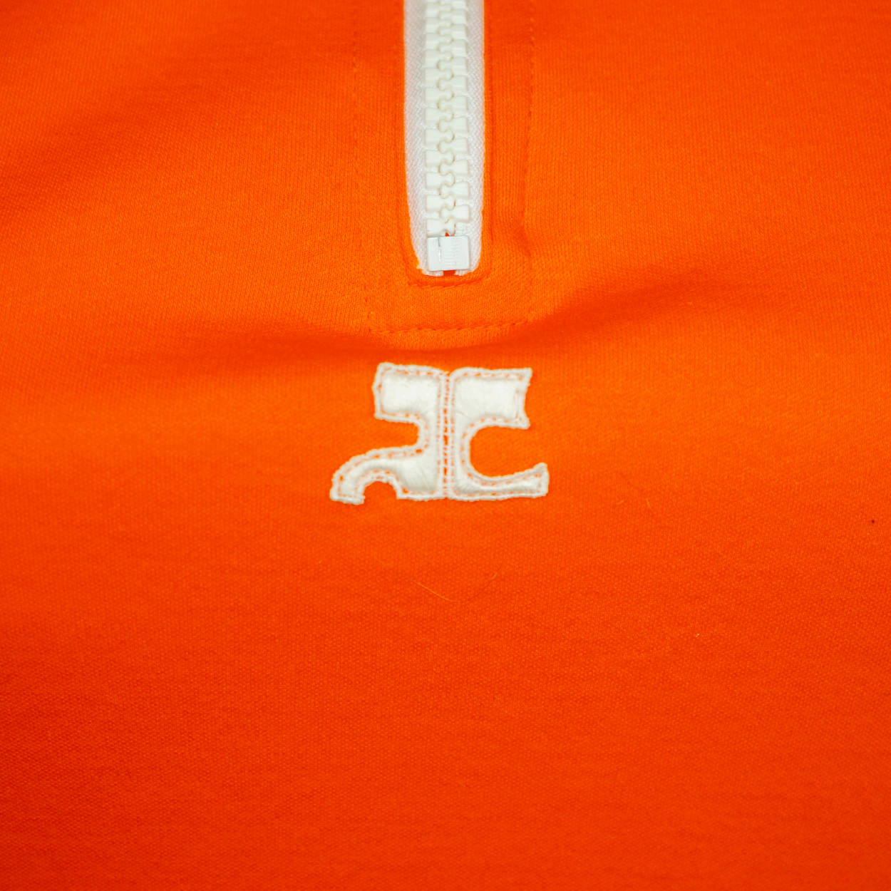 Vintage 1970s Courreges Orange Cotton Top with White Zipper Short Sleeve Size S - Poppy's Vintage Clothing