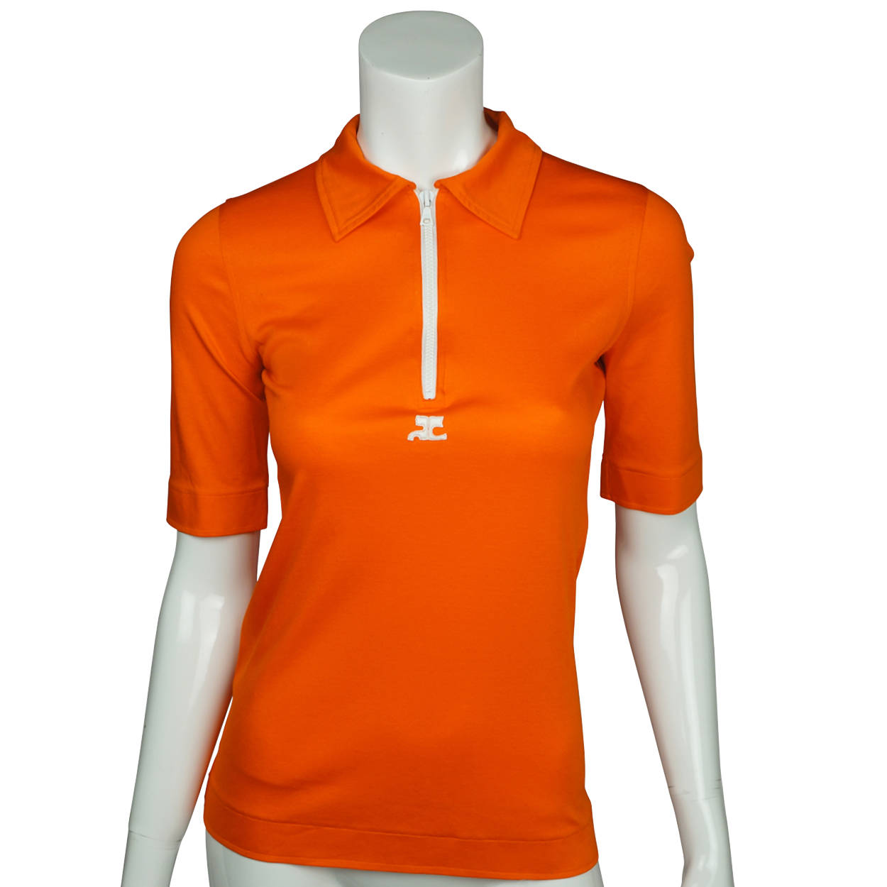 Vintage 1970s Courreges Orange Cotton Top with White Zipper Short Sleeve Size S - Poppy's Vintage Clothing