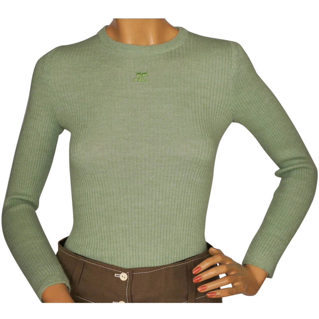 Vintage 1970s Courreges Paris Sweater Top Green Ribbed Knit with Logo Size S - Poppy's Vintage Clothing