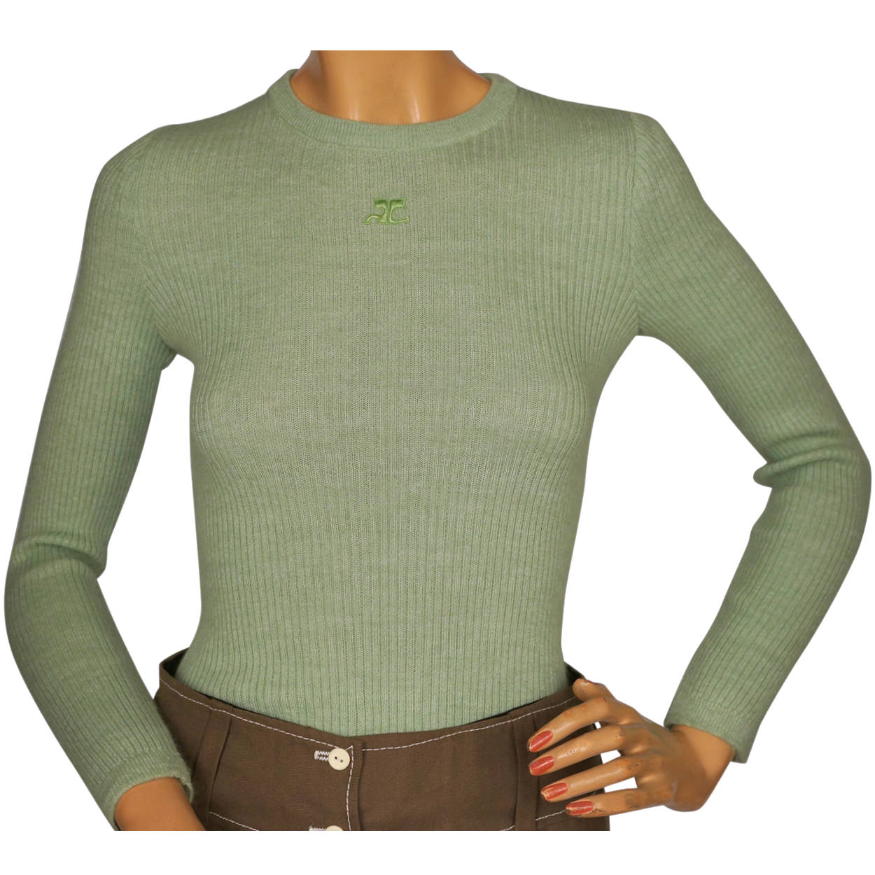 Vintage 1970s Courreges Paris Sweater Top Green Ribbed Knit with Logo Size S - Poppy's Vintage Clothing