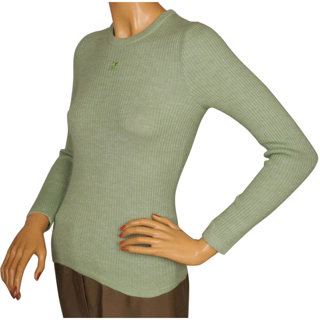 Vintage 1970s Courreges Paris Sweater Top Green Ribbed Knit with Logo Size S - Poppy's Vintage Clothing