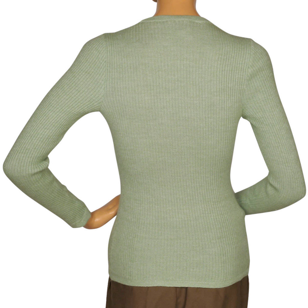 Vintage 1970s Courreges Paris Sweater Top Green Ribbed Knit with Logo Size S - Poppy's Vintage Clothing
