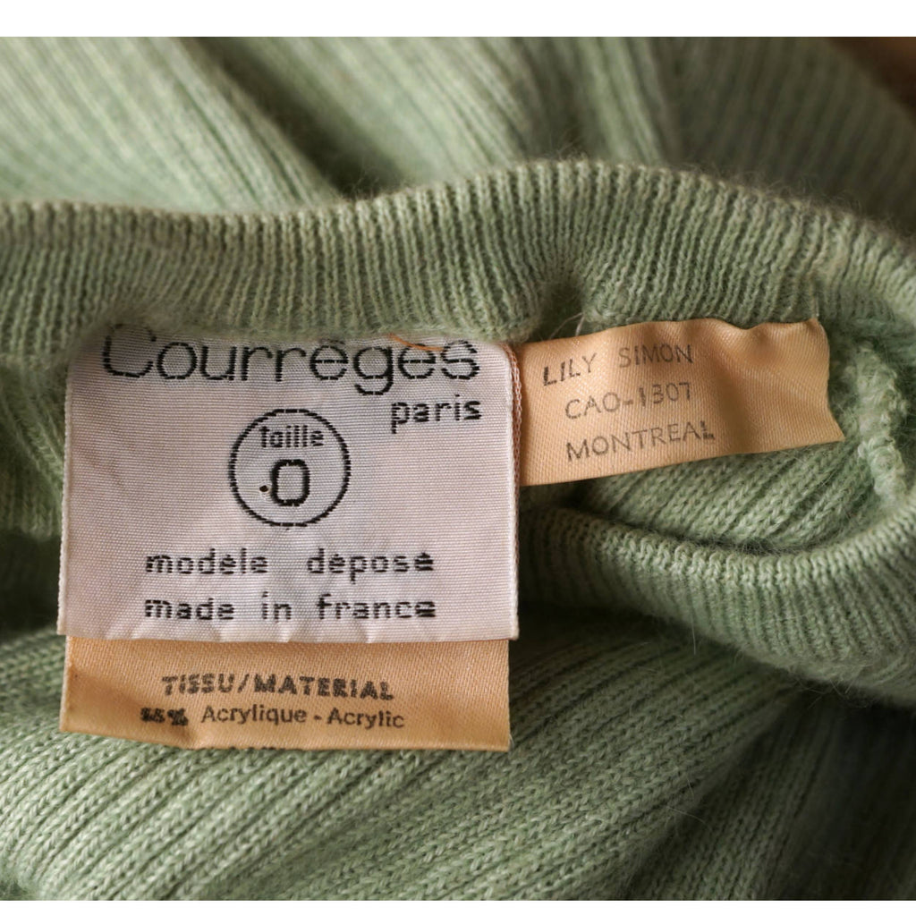 Vintage 1970s Courreges Paris Sweater Top Green Ribbed Knit with Logo Size S - Poppy's Vintage Clothing