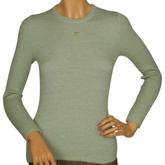 Vintage 1970s Courreges Paris Sweater Top Green Ribbed Knit with Logo Size S - Poppy's Vintage Clothing