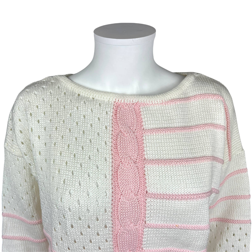 Vintage 1980s Courreges Pullover Cotton Sweater Pink White S