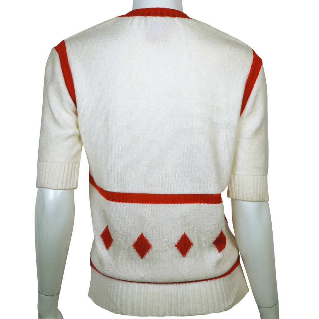 Vintage 70s Courreges Paris Intarsia Sweater Red White Sz S - Poppy's Vintage Clothing