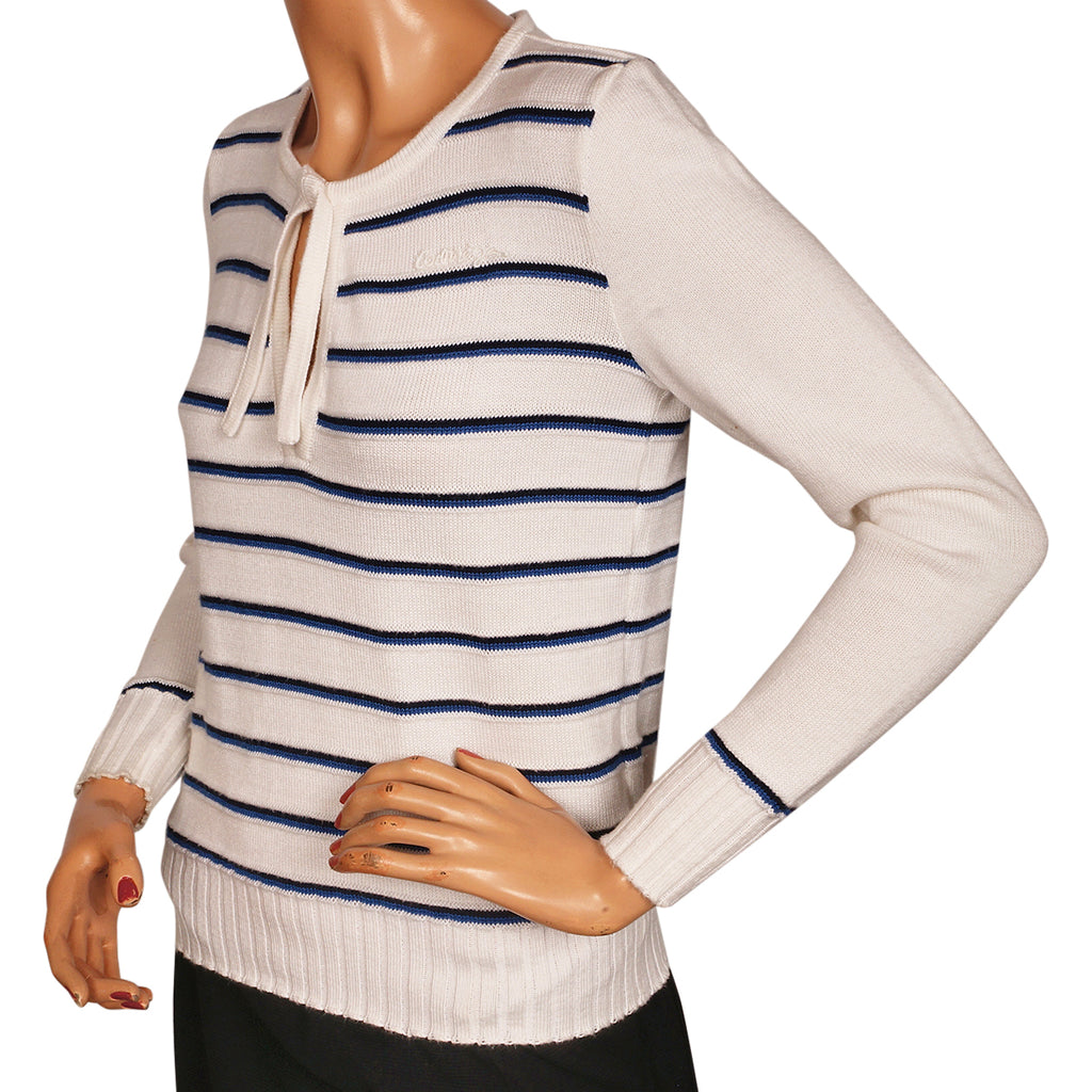 Vintage 1970s Courreges Striped White Pullover Sweater Top Ladies Size S - Poppy's Vintage Clothing