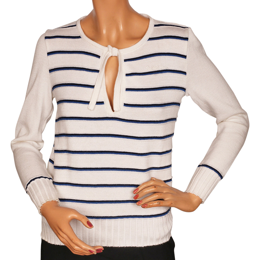 Vintage 1970s Courreges Striped White Pullover Sweater Top Ladies Size S - Poppy's Vintage Clothing