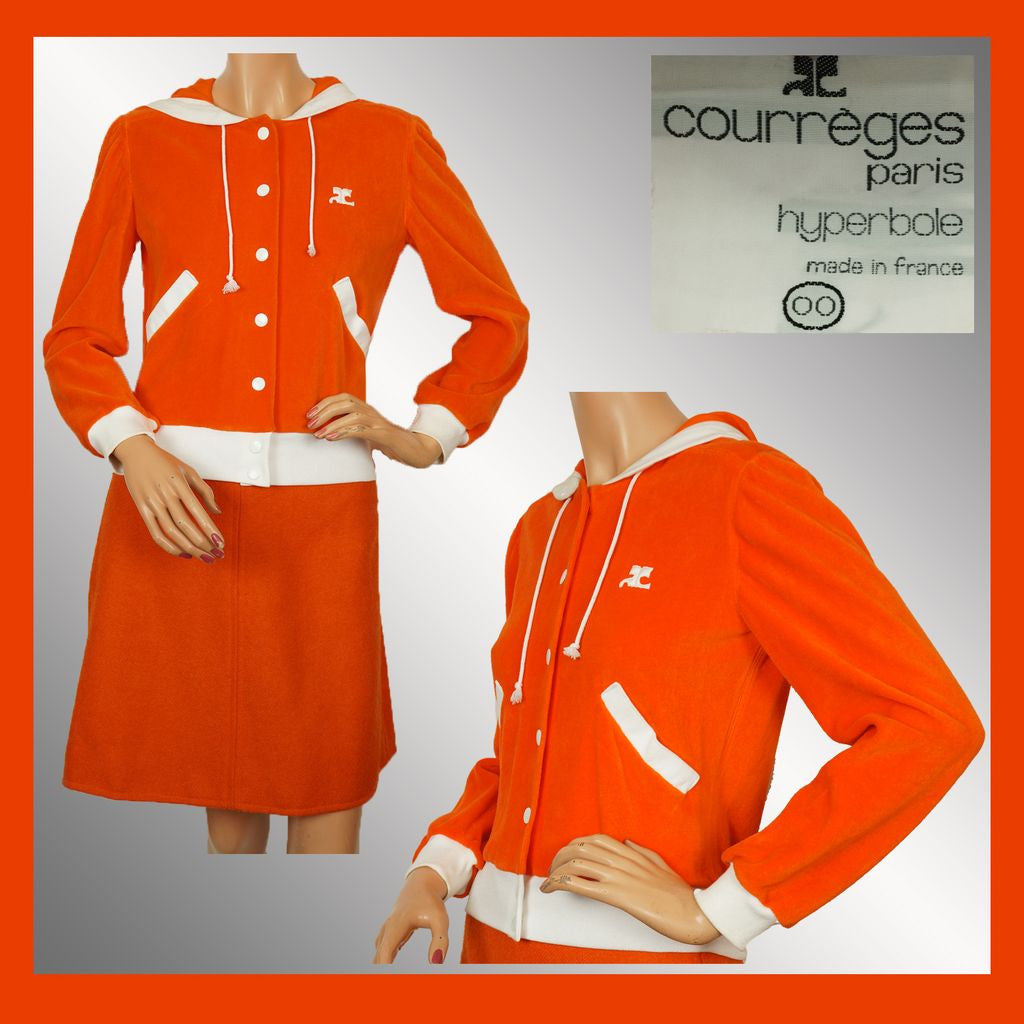 Vintage 70s Courreges Paris Orange Velour Hoodie Ladies Size S