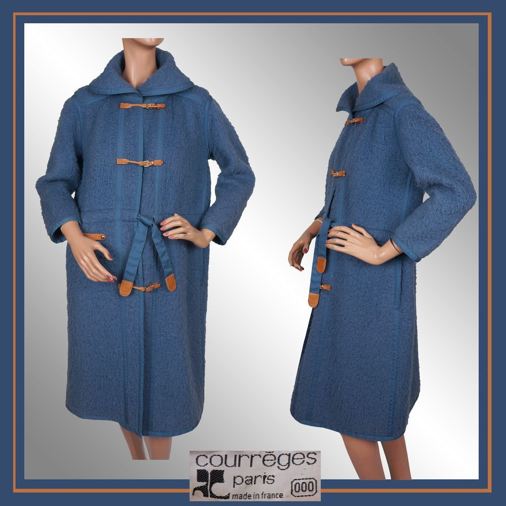 Vintage 70s Andre Courreges Paris Blue Wool Coat Size S - Poppy's Vintage Clothing