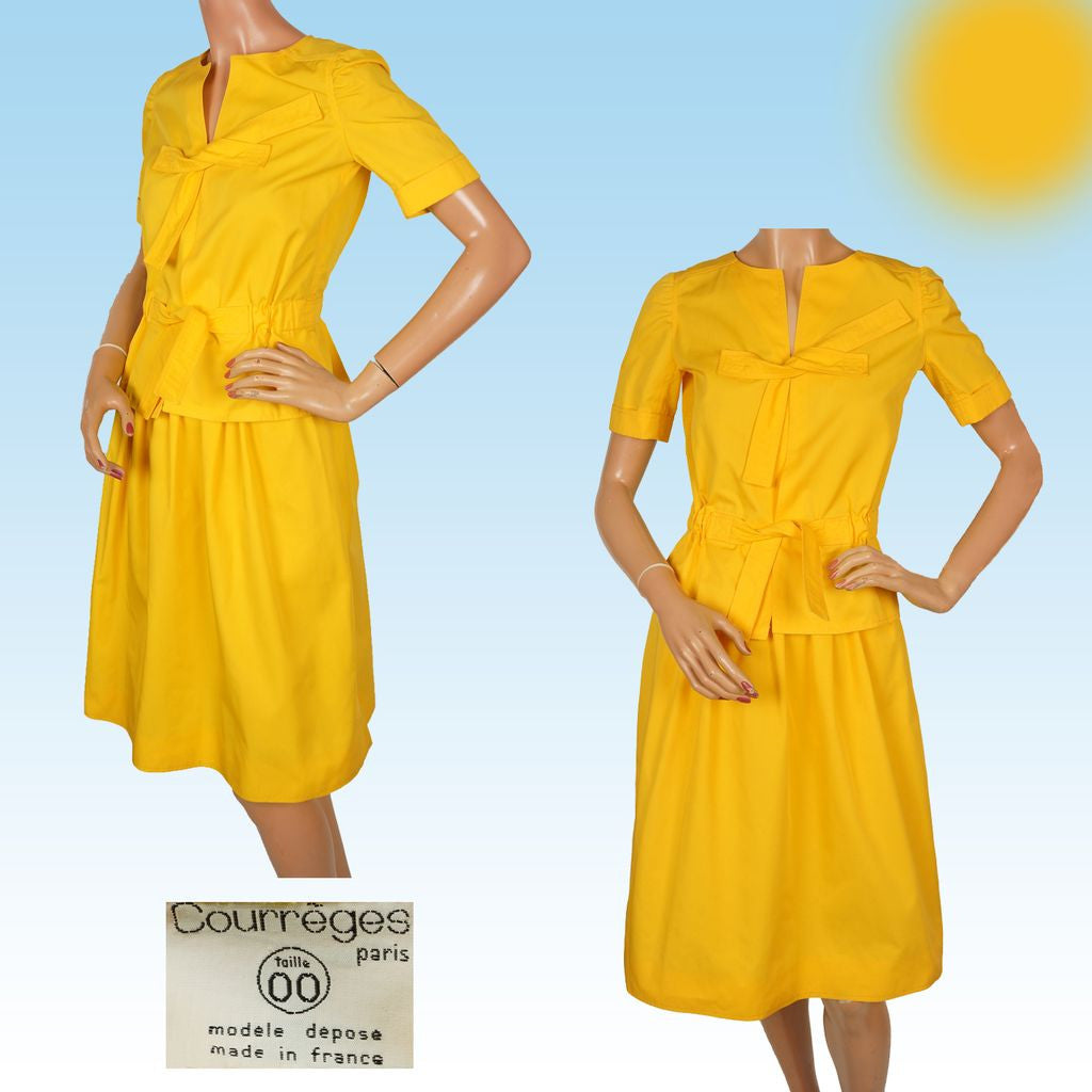 70s Vintage Top & Skirt Set by Andre Courreges in Bright Yellow Cotton Blend - Poppy's Vintage Clothing