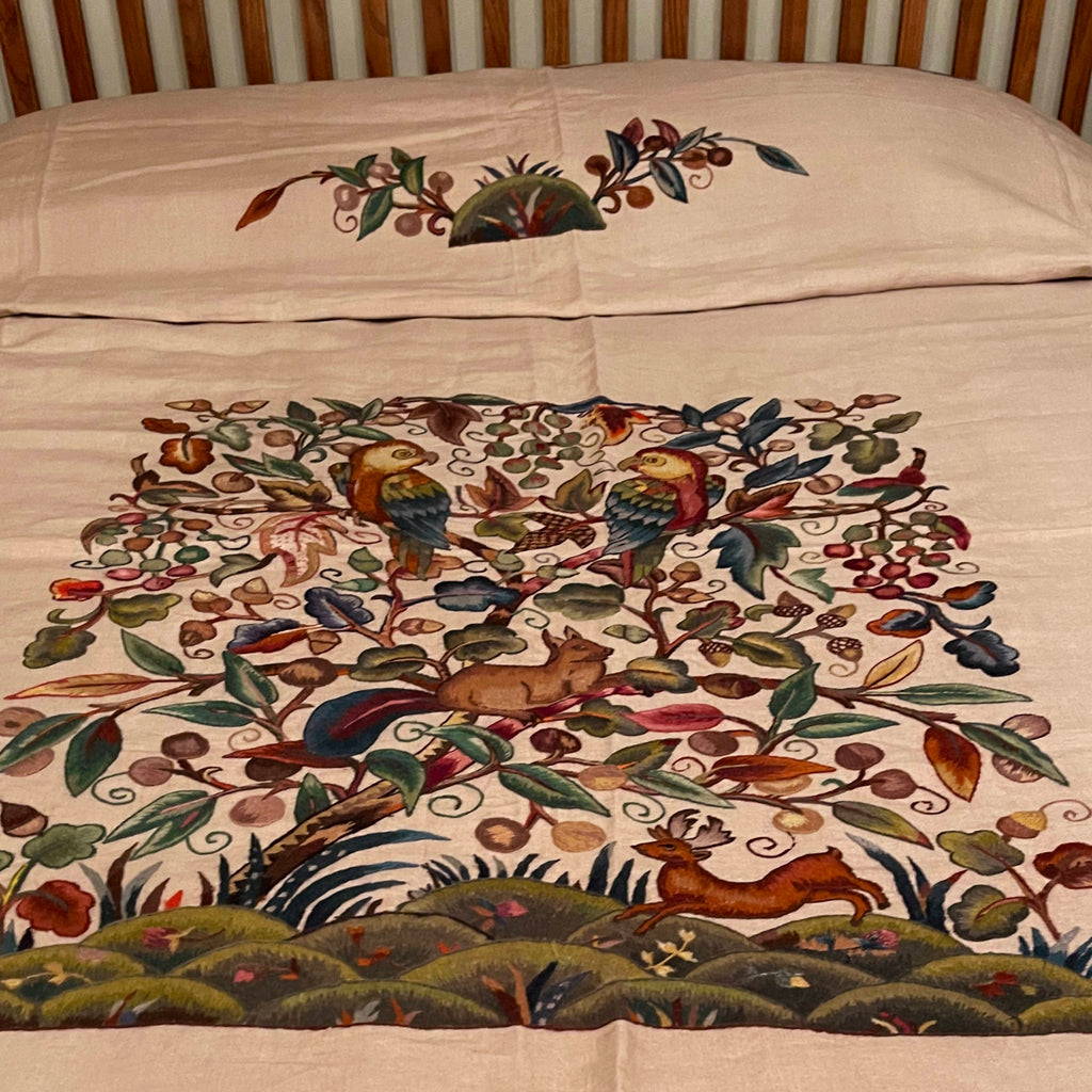 Vintage 1920s Crewel Embroidery Bedspread Embroidered Linen