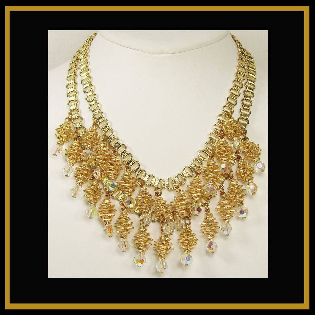 Spiral Necklace Crystal Drops Gold Tone 1960s - Poppy's Vintage Clothing