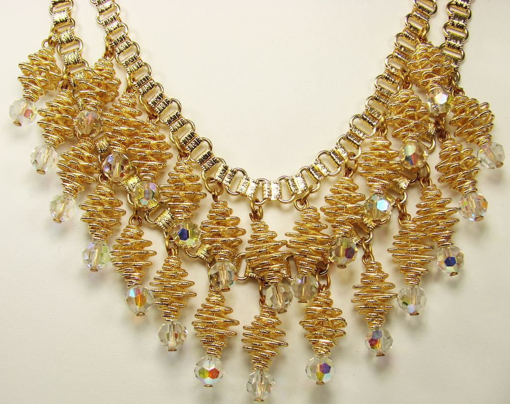 Spiral Necklace Crystal Drops Gold Tone 1960s - Poppy's Vintage Clothing