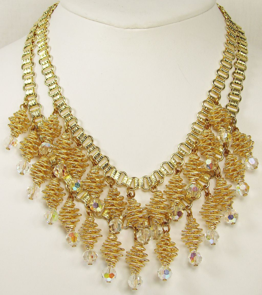 Spiral Necklace Crystal Drops Gold Tone 1960s - Poppy's Vintage Clothing