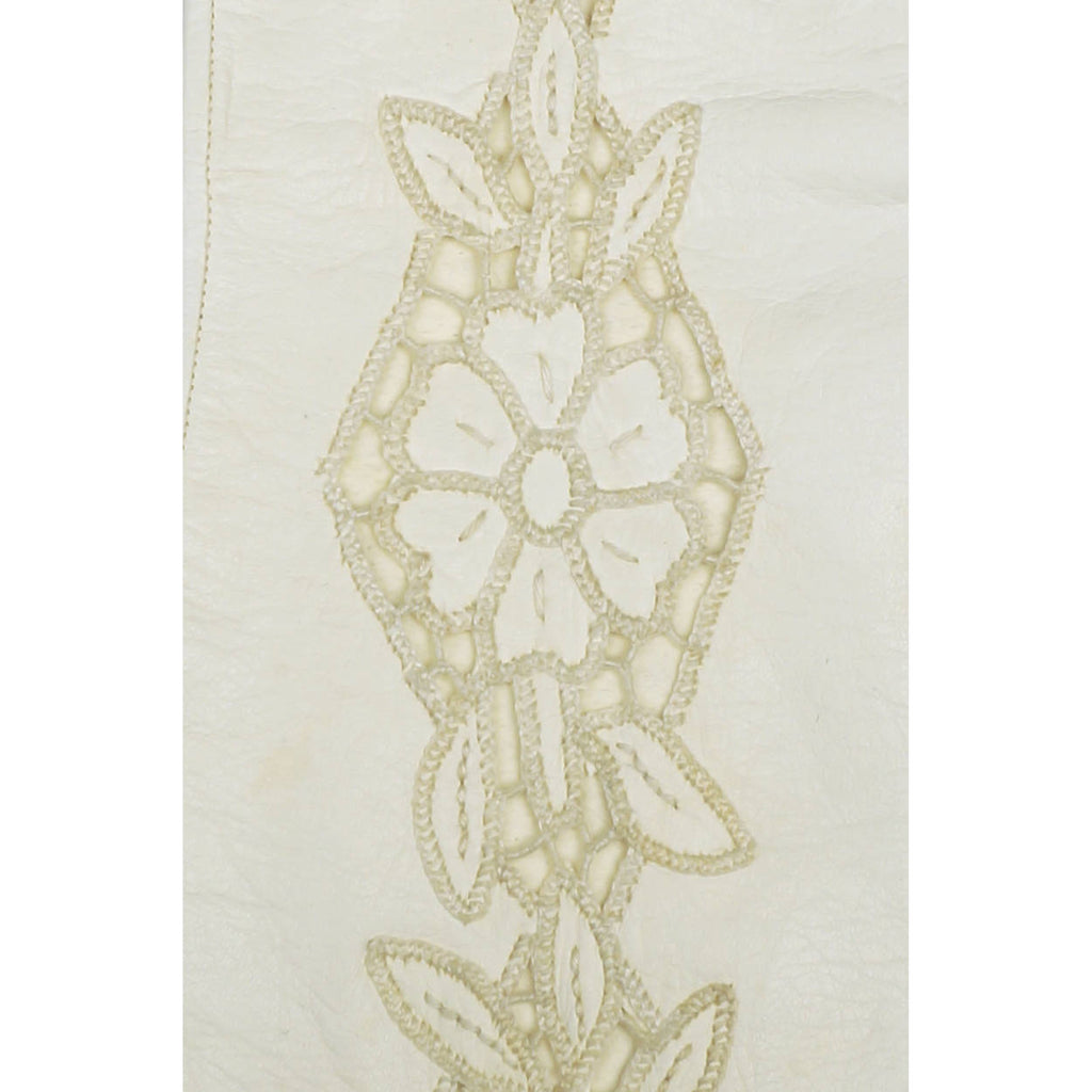 Vintage Ladies White Kid Leather Cutwork Long Evening Gloves Lace Inset - Poppy's Vintage Clothing