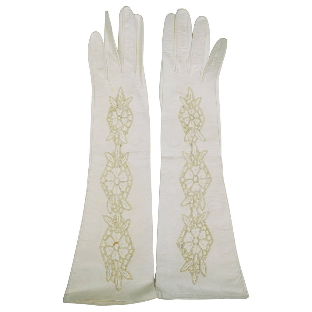 Vintage Ladies White Kid Leather Cutwork Long Evening Gloves Lace Inset - Poppy's Vintage Clothing