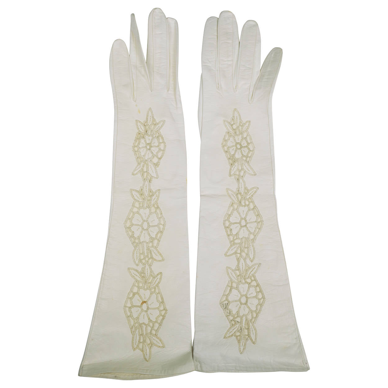 Vintage Ladies White Kid Leather Cutwork Long Evening Gloves Lace Inset - Poppy's Vintage Clothing