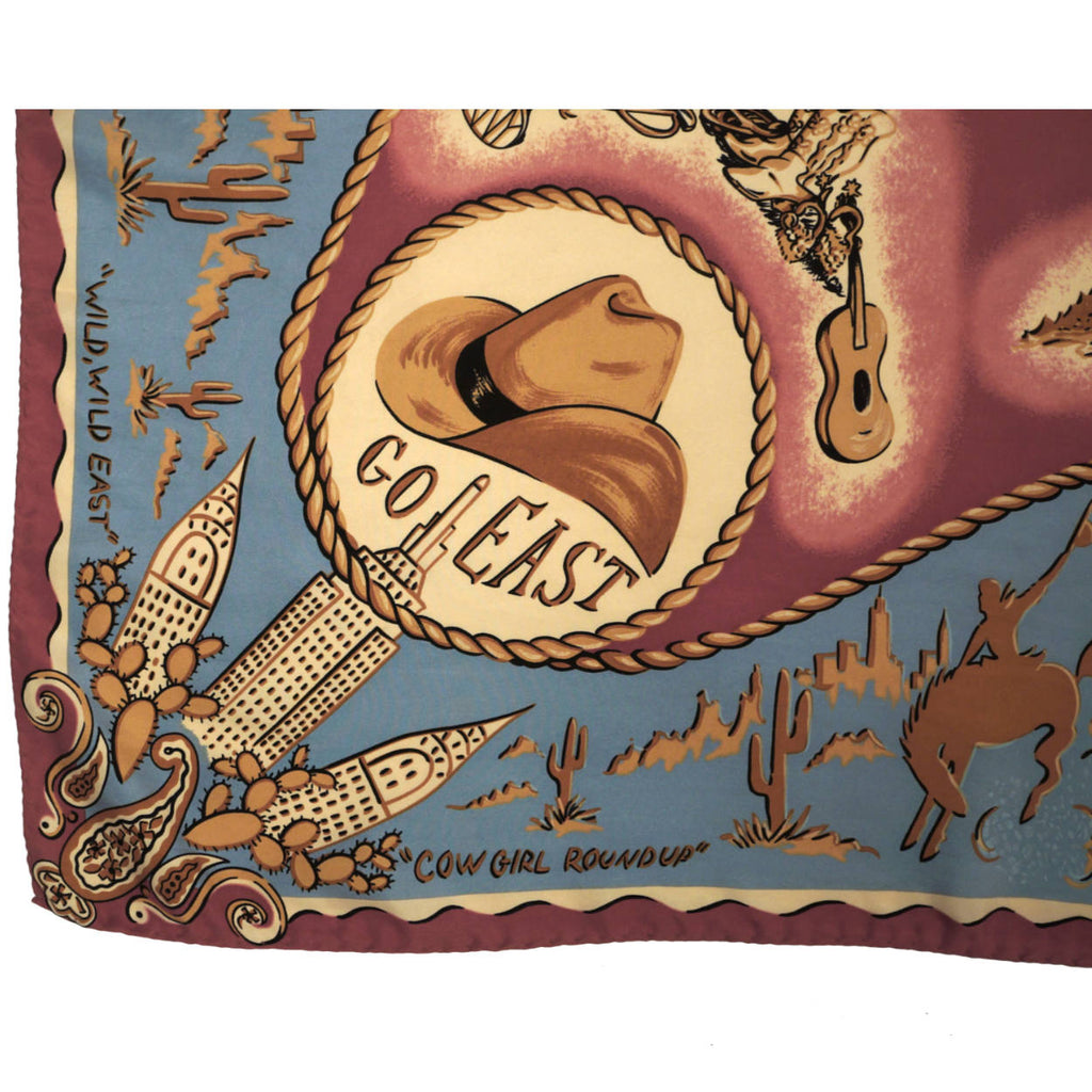 Vintage DKNY Silk Scarf Square Western Cowgirl Print Go East - Poppy's Vintage Clothing