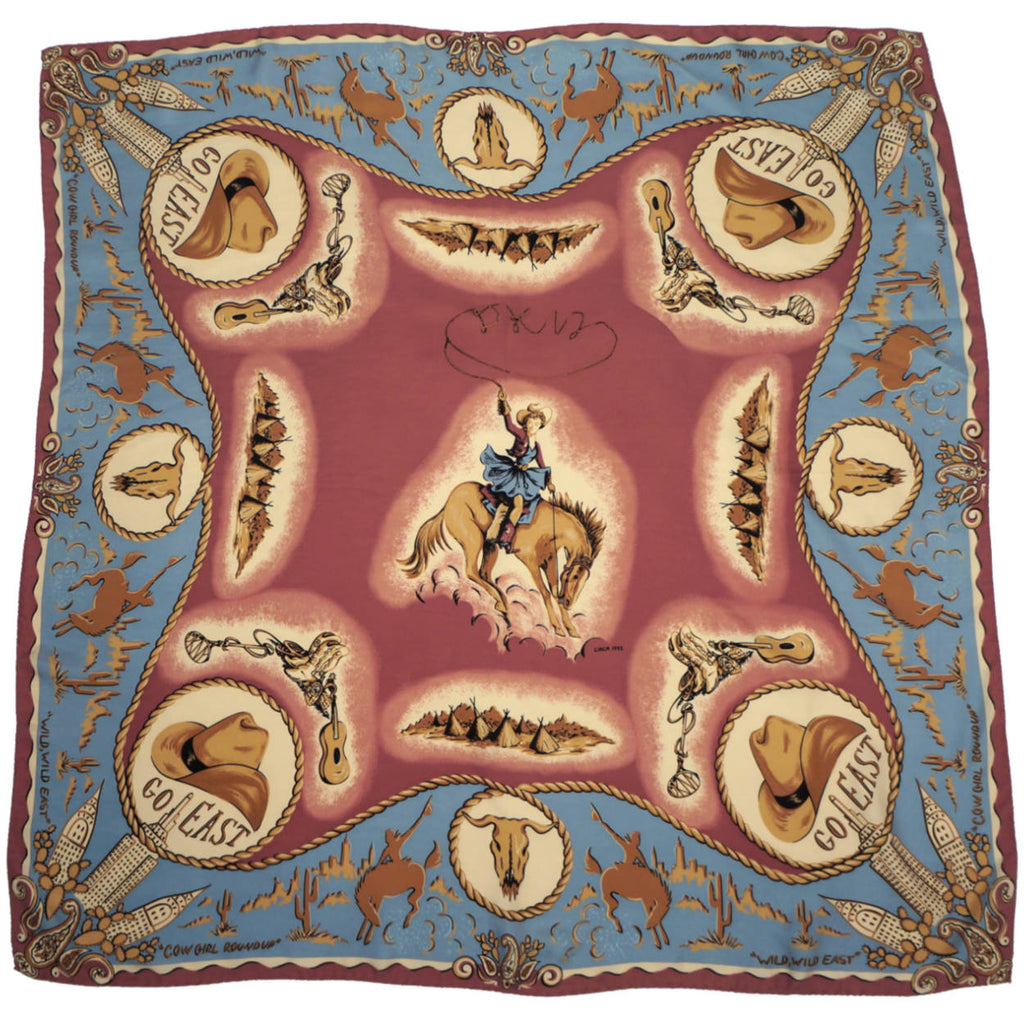 Vintage DKNY Silk Scarf Square Western Cowgirl Print Go East - Poppy's Vintage Clothing