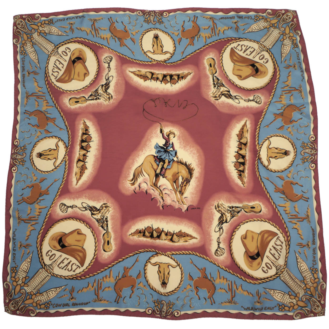 Vintage DKNY Silk Scarf Square Western Cowgirl Print Go East - Poppy's Vintage Clothing