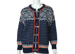 Vintage Dale of Norway Cardigan Sweater Blue Nordic Pattern Ladies Size L 44 - Poppy's Vintage Clothing