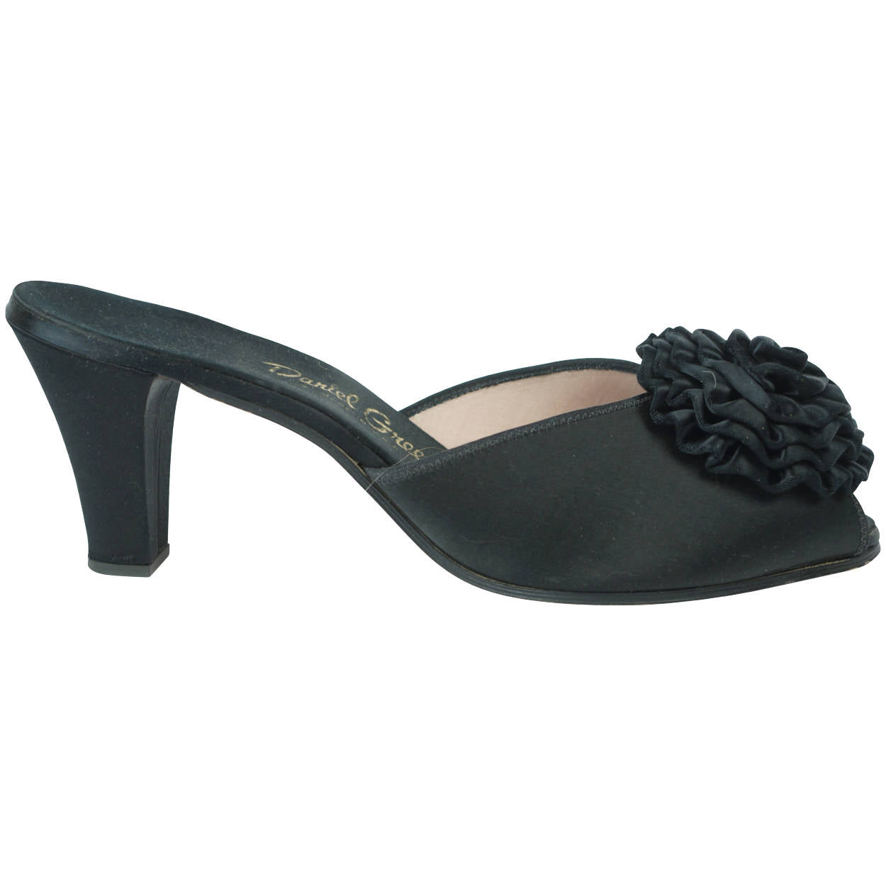 Vintage 60s Daniel Green Slippers Black Satin w Rosettes Sz 9 - Poppy's Vintage Clothing