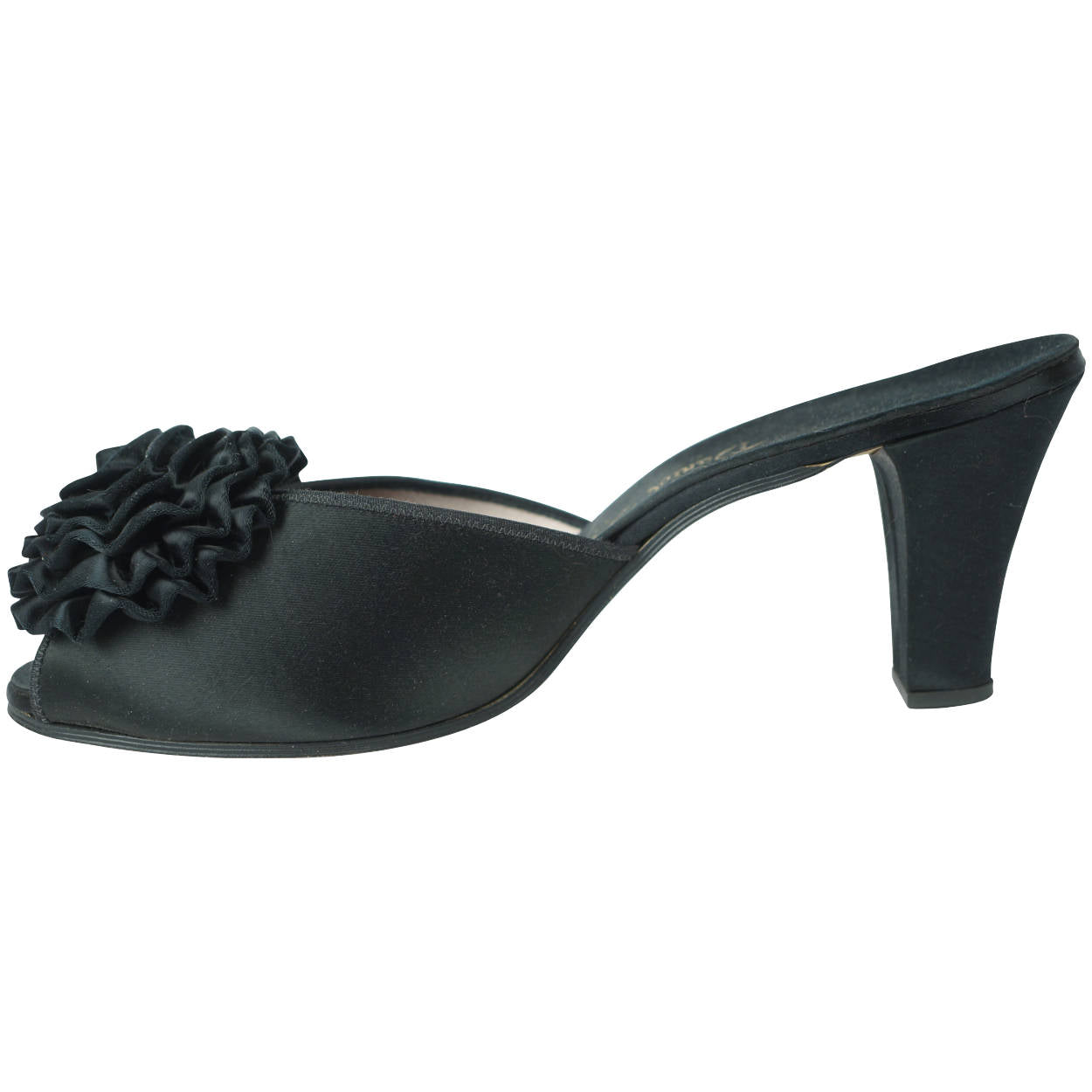 Vintage 60s Daniel Green Slippers Black Satin w Rosettes Sz 9 - Poppy's Vintage Clothing