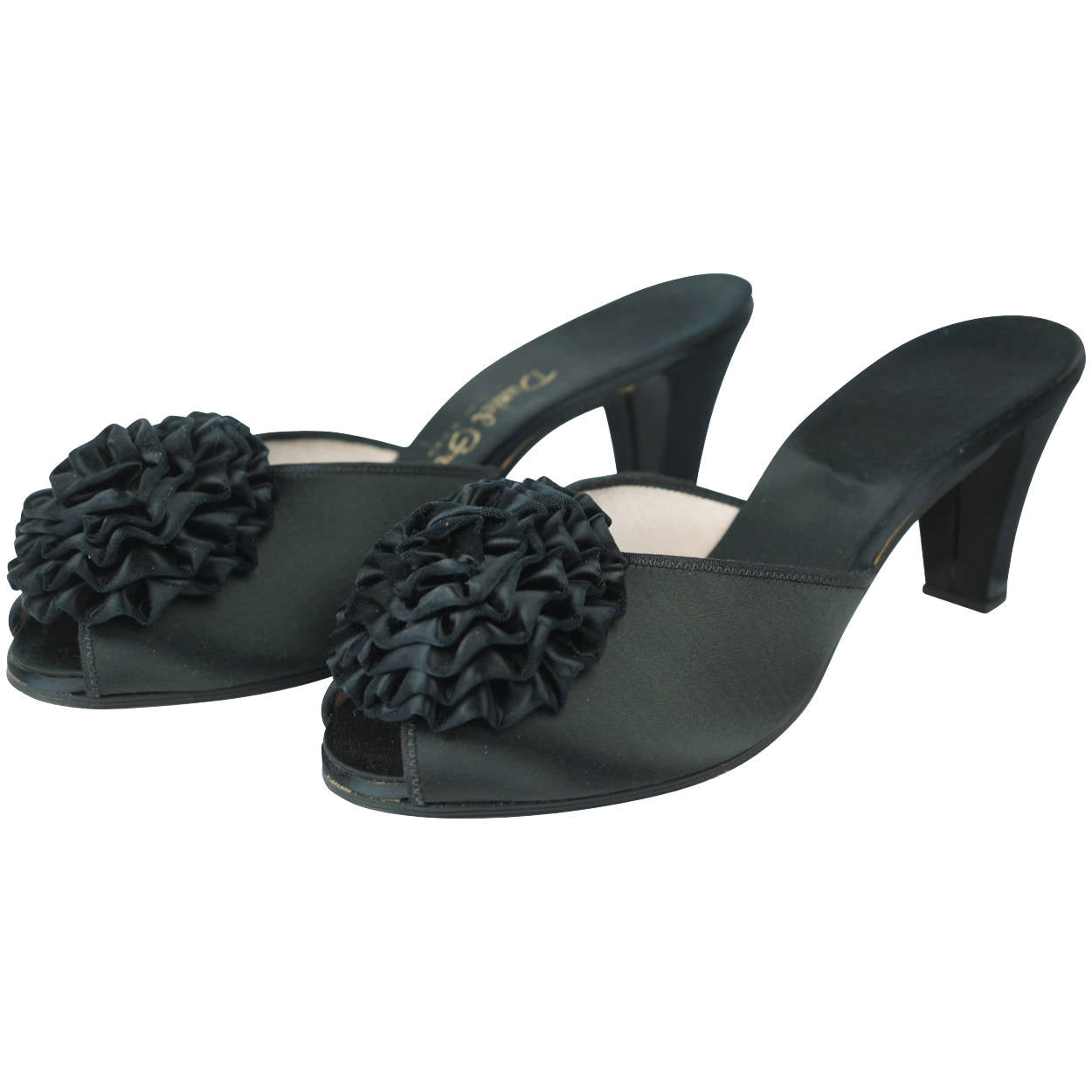 Vintage 60s Daniel Green Slippers Black Satin w Rosettes Sz 9 - Poppy's Vintage Clothing
