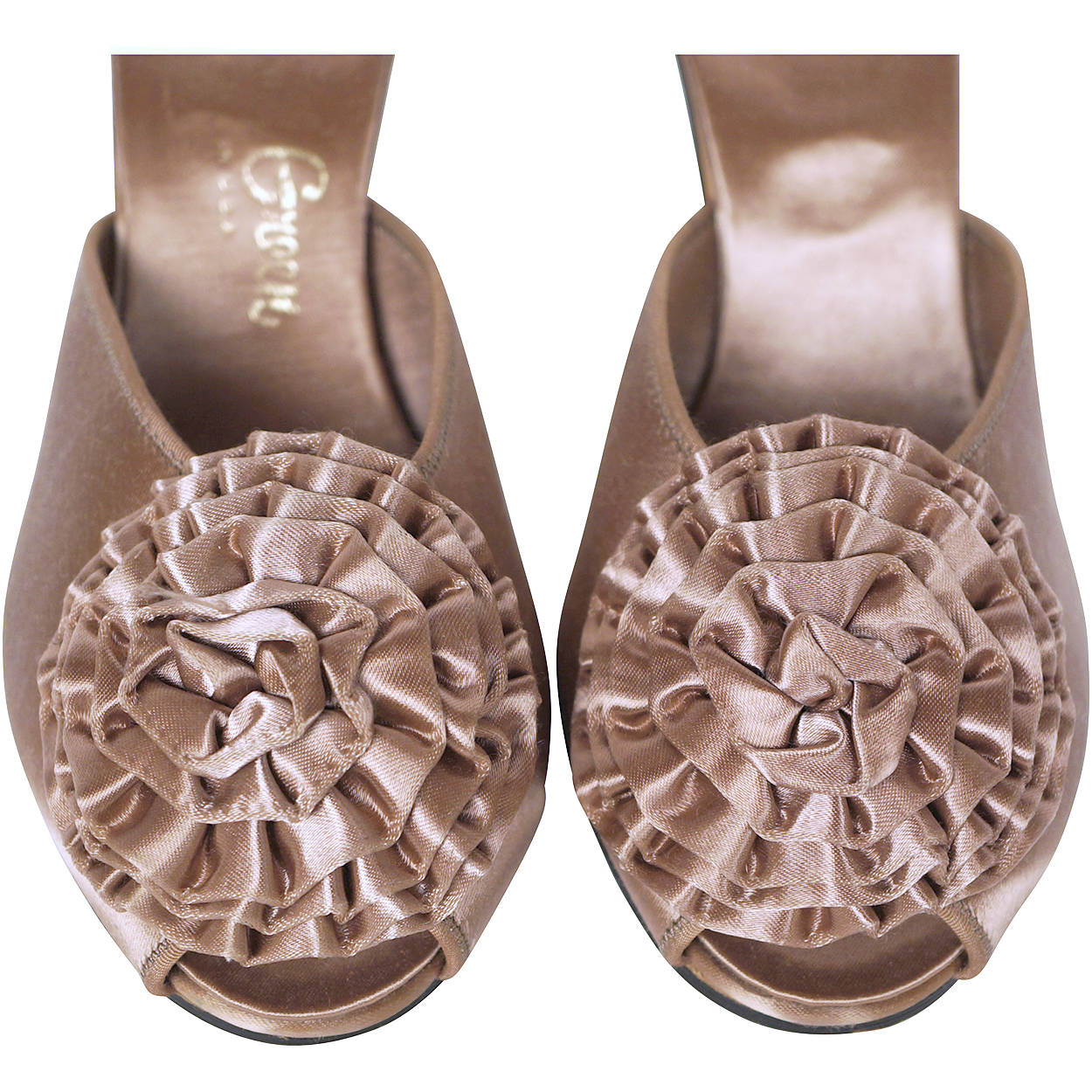 Vintage 1950s Daniel Green Boudoir Slippers Taupe Satin w Rosettes Ladies Sz 8.5 - Poppy's Vintage Clothing