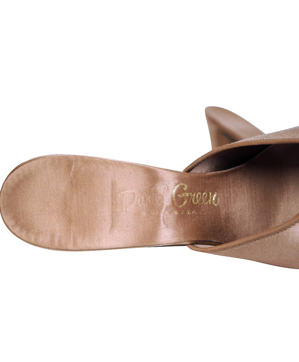 Vintage 1950s Daniel Green Boudoir Slippers Taupe Satin w Rosettes Ladies Sz 8.5 - Poppy's Vintage Clothing