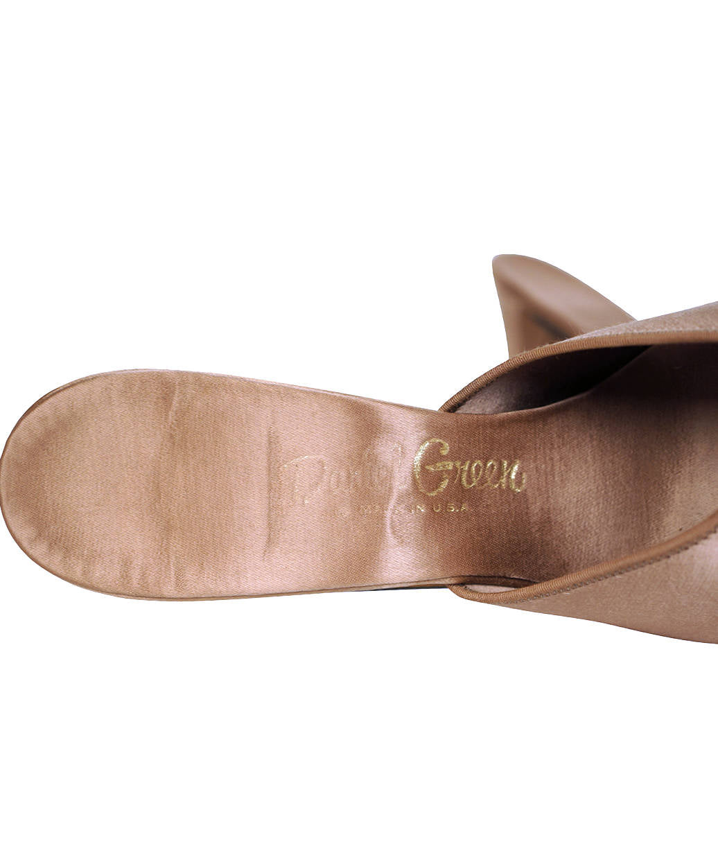 Vintage 1950s Daniel Green Boudoir Slippers Taupe Satin w Rosettes Ladies Sz 8.5 - Poppy's Vintage Clothing