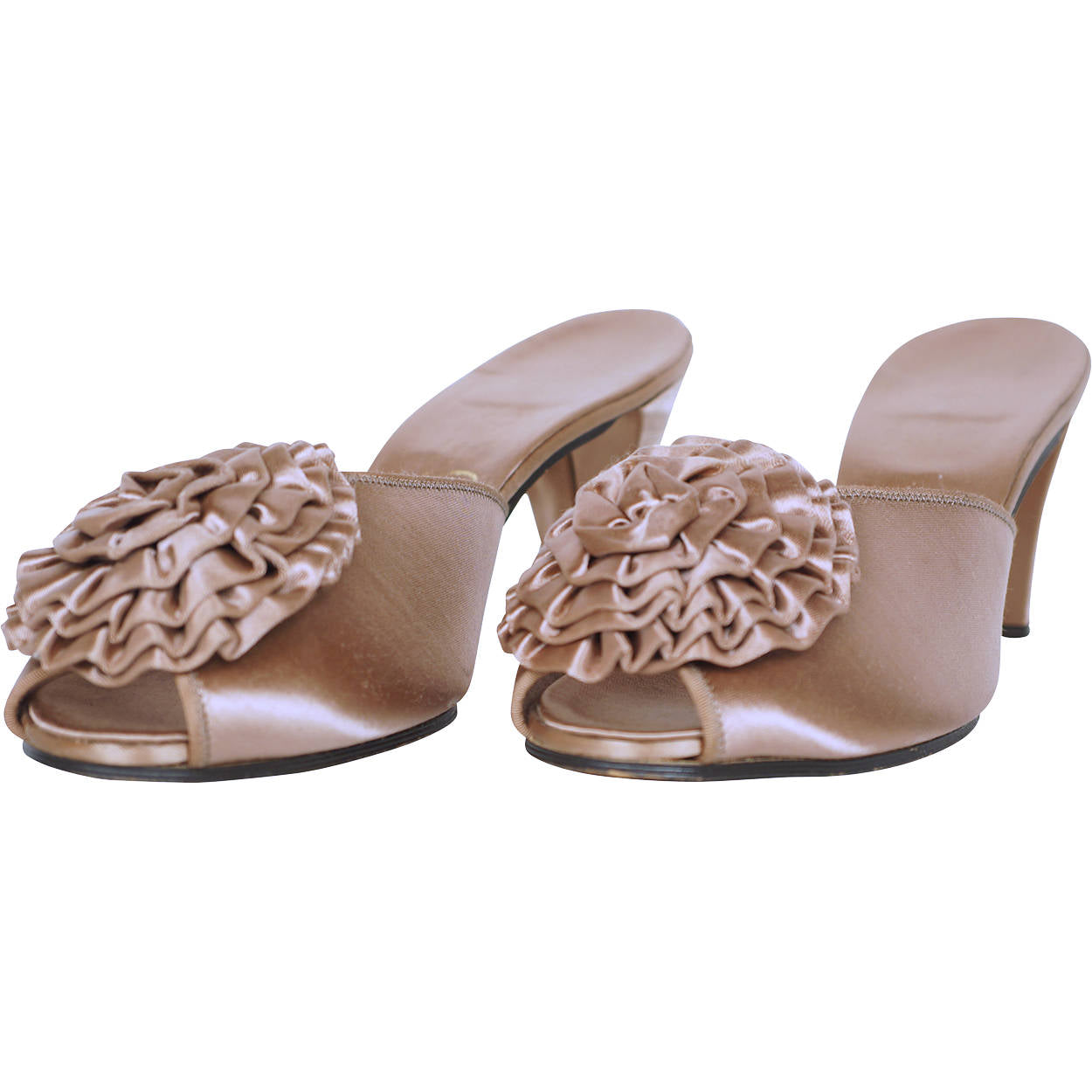 Vintage 1950s Daniel Green Boudoir Slippers Taupe Satin w Rosettes Ladies Sz 8.5 - Poppy's Vintage Clothing