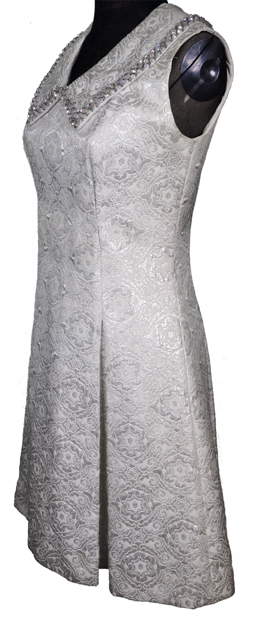 Vintage 1960s Dress White & Silver Brocade - Poppy's Vintage Clothing