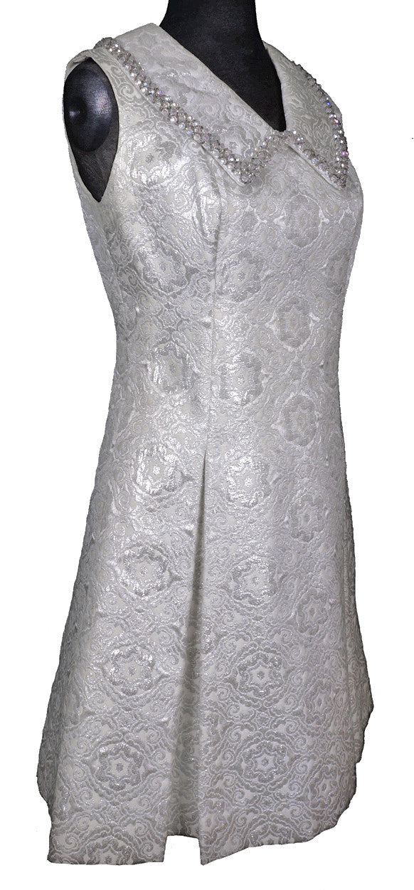 Vintage 1960s Dress White & Silver Brocade - Poppy's Vintage Clothing