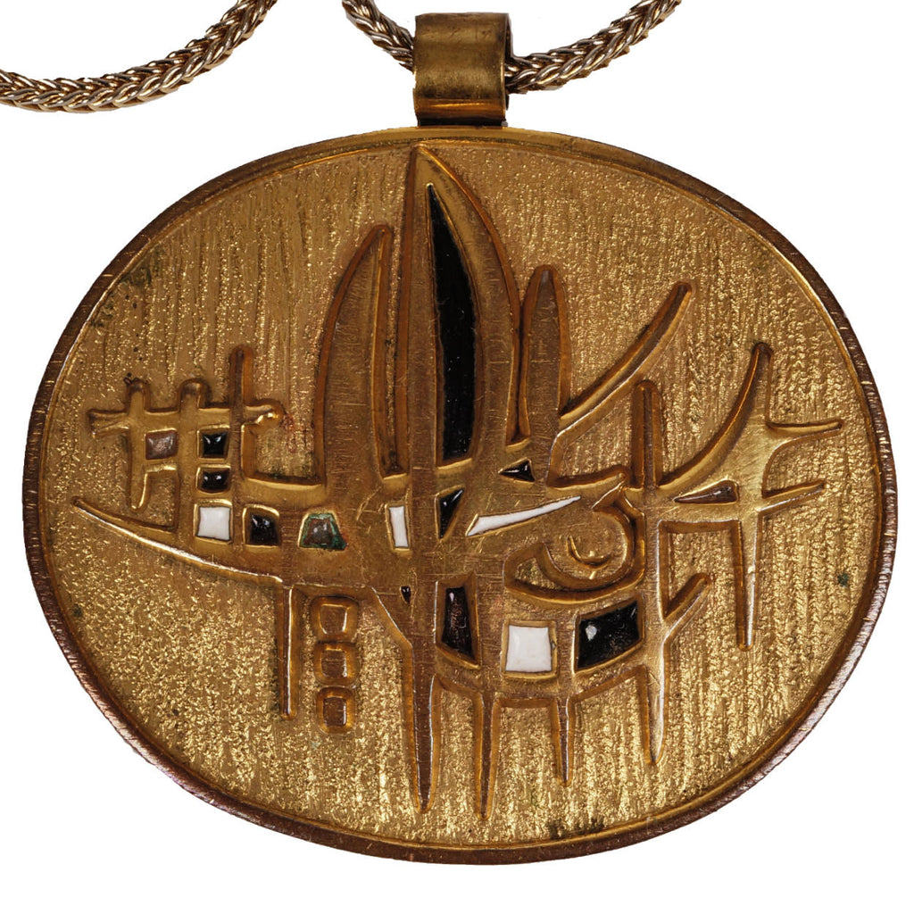 Large Modernist de Passille Sylvestre Enamel Brass Pendant Necklace Quebec - Poppy's Vintage Clothing