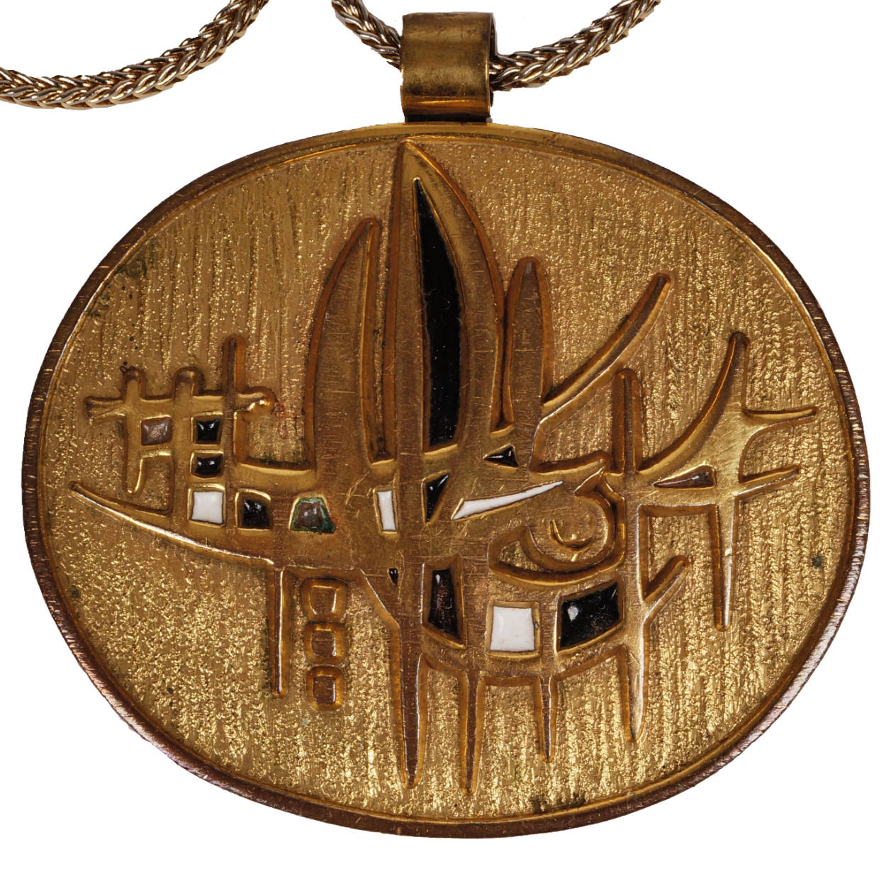 Large Modernist de Passille Sylvestre Enamel Brass Pendant Necklace Quebec - Poppy's Vintage Clothing