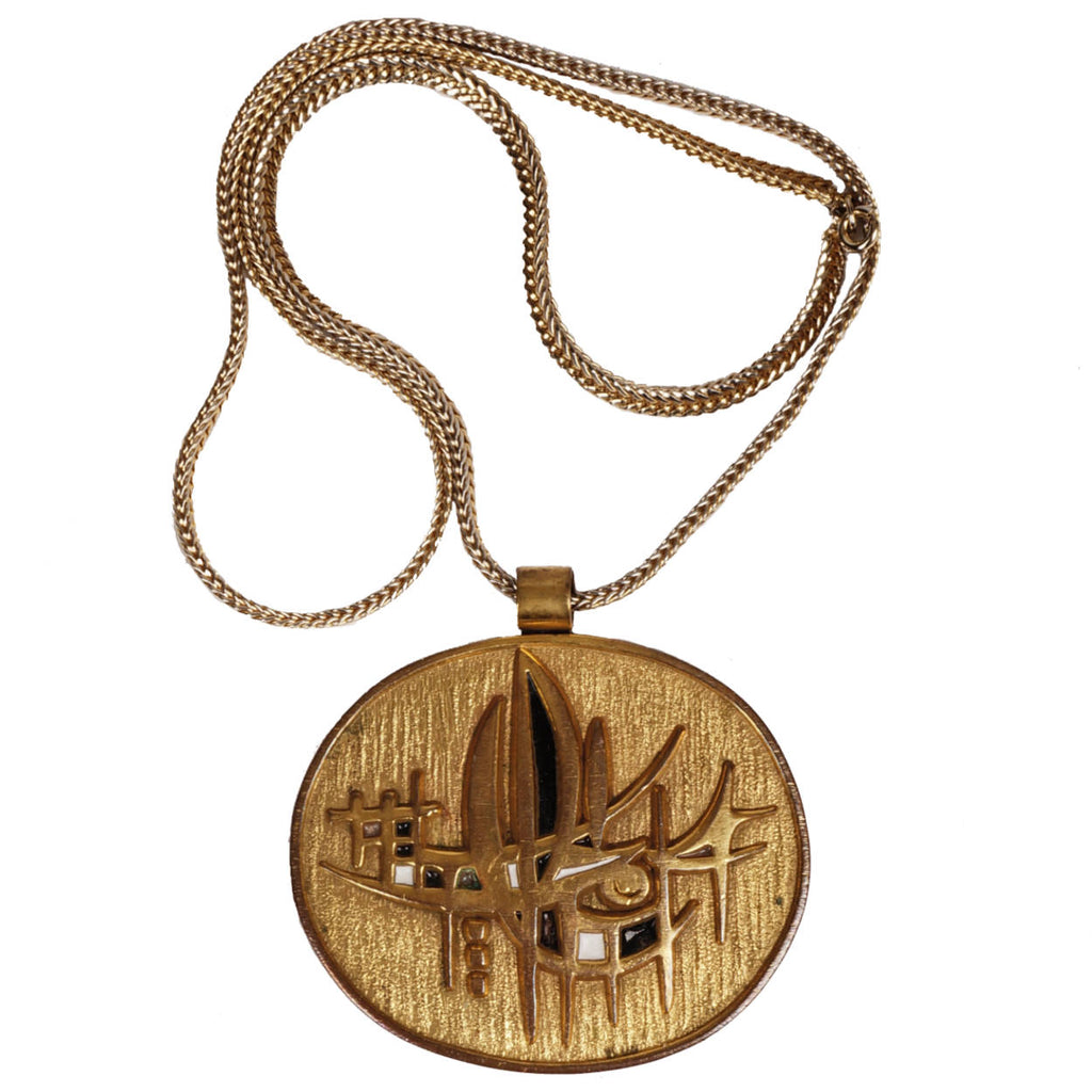 Large Modernist de Passille Sylvestre Enamel Brass Pendant Necklace Quebec - Poppy's Vintage Clothing