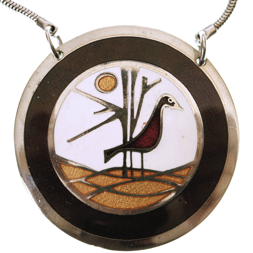 Modernist de Passille Sylvestre Enamel Pendant Necklace Bird Design Quebec Artisans - Poppy's Vintage Clothing