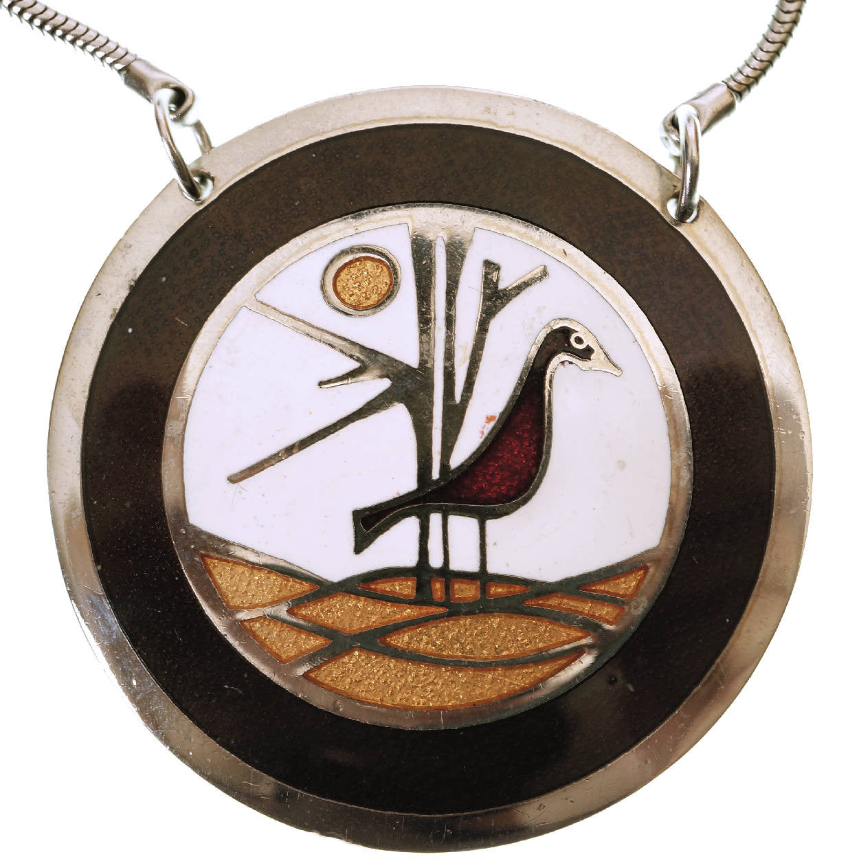 Modernist de Passille Sylvestre Enamel Pendant Necklace Bird Design Quebec Artisans - Poppy's Vintage Clothing