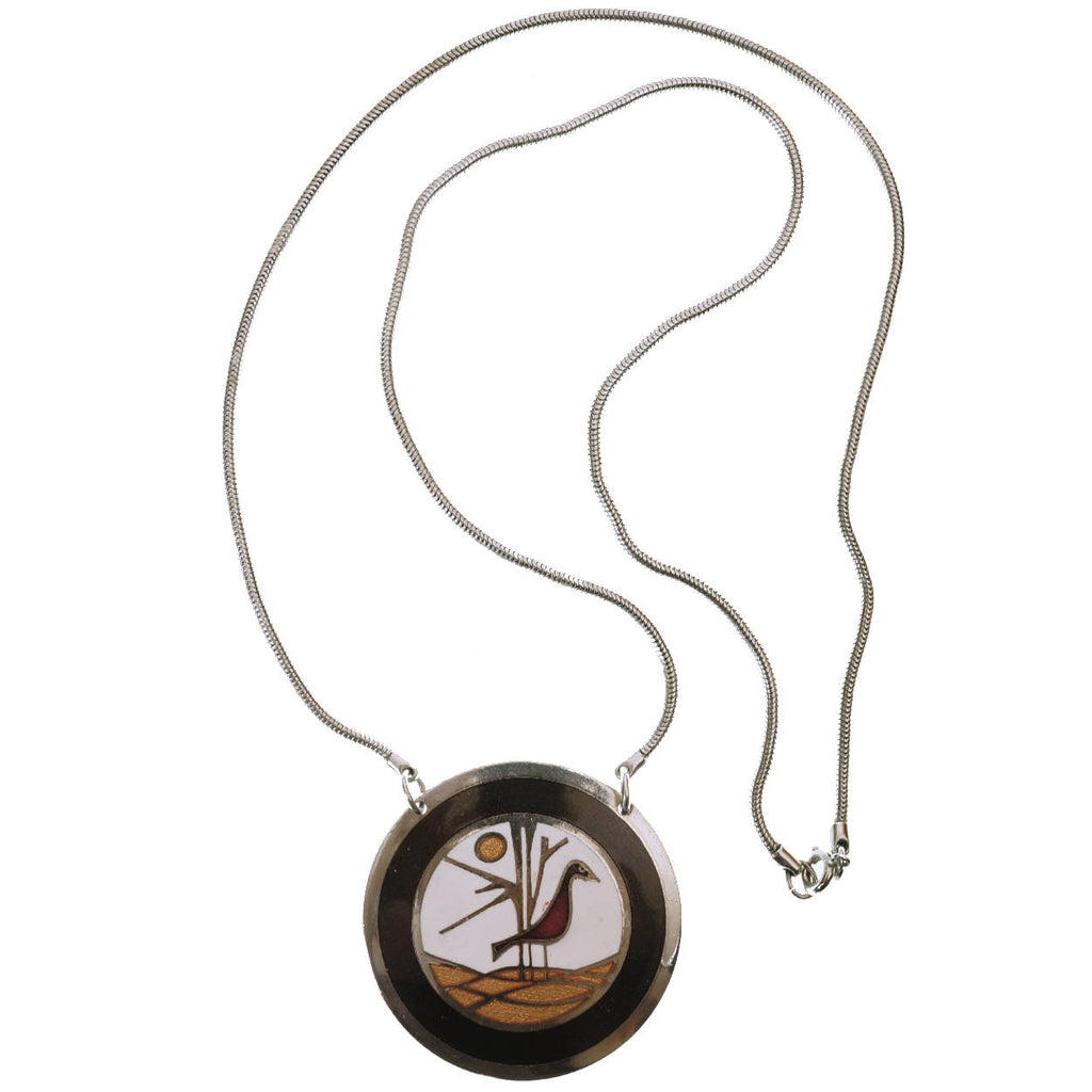 Modernist de Passille Sylvestre Enamel Pendant Necklace Bird Design Quebec Artisans - Poppy's Vintage Clothing
