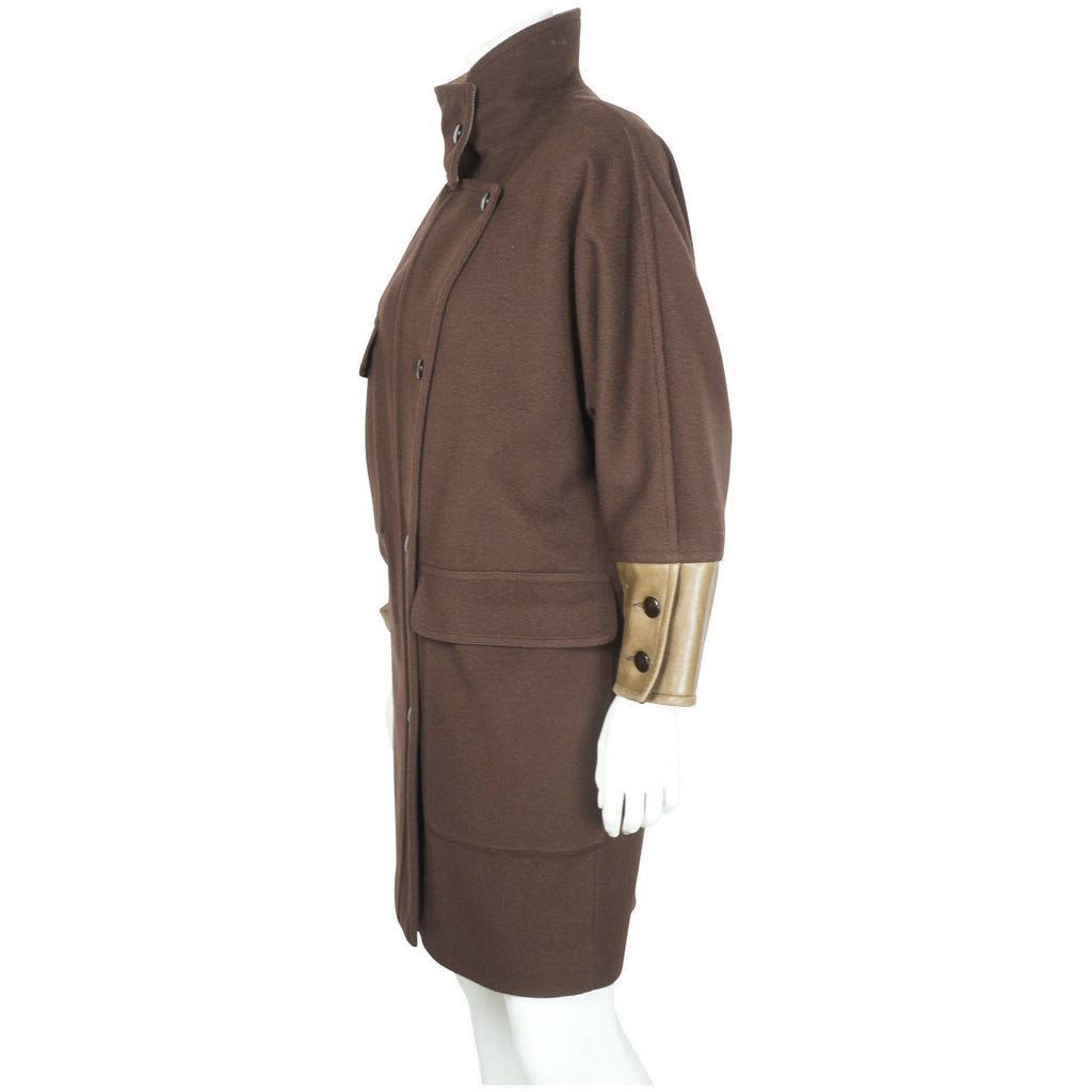Vintage 70s Dejac Paris Brown Wool Coat w Leather Trim Sz M - Poppy's Vintage Clothing
