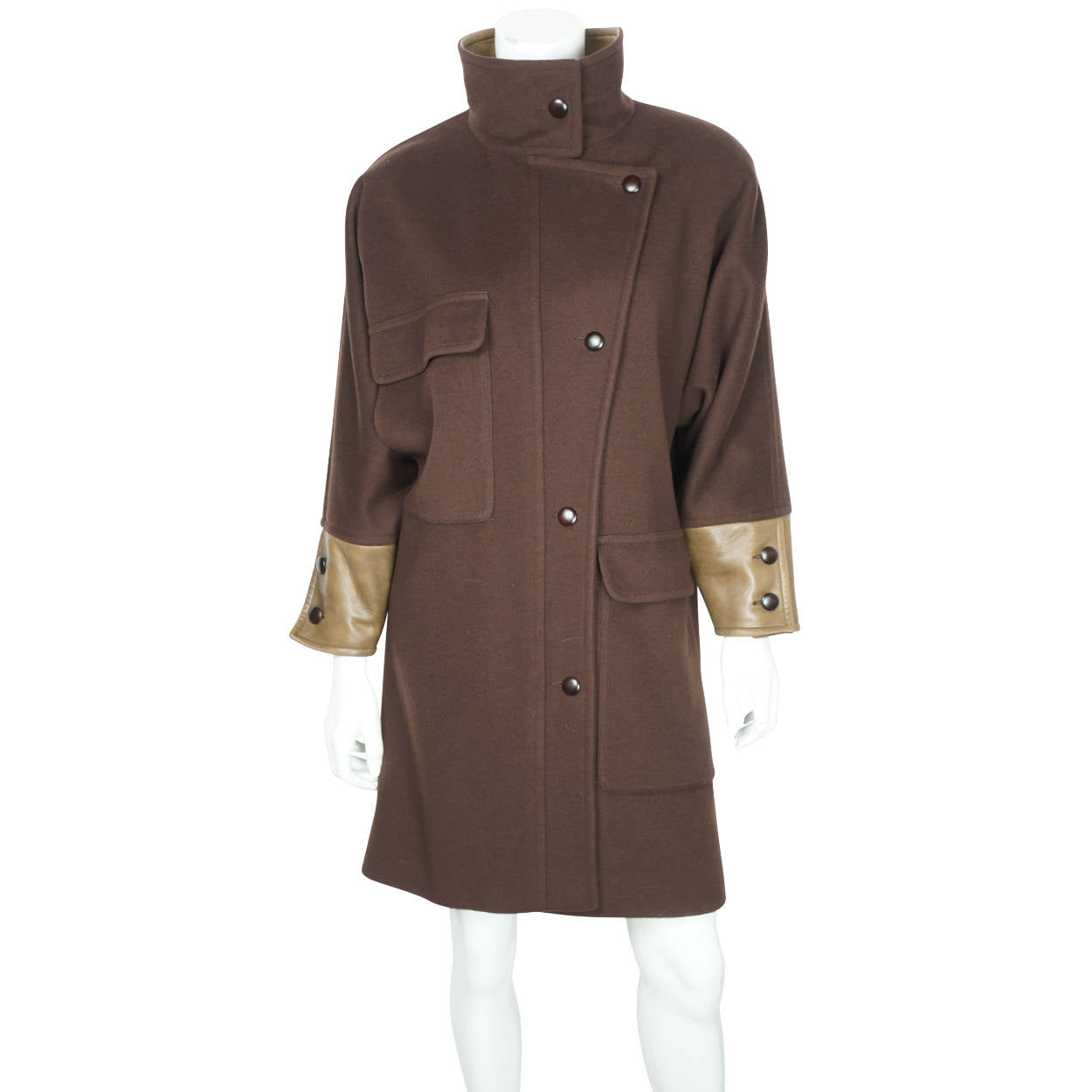 Vintage 70s Dejac Paris Brown Wool Coat w Leather Trim Sz M - Poppy's Vintage Clothing