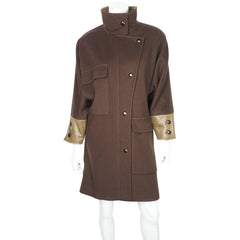 Vintage 70s Dejac Paris Brown Wool Coat w Leather Trim Sz M - Poppy's Vintage Clothing