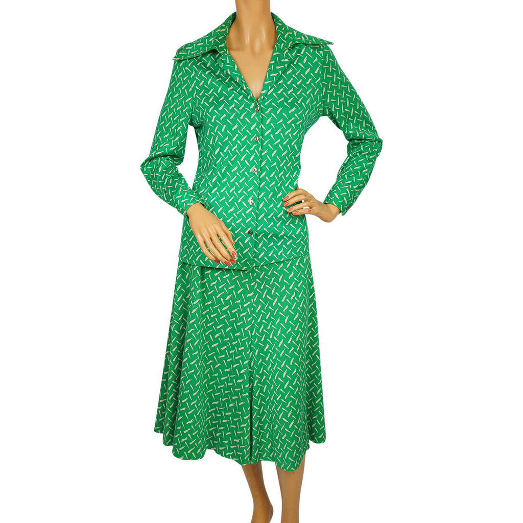 Vintage 1970s Diane Von Furstenberg 2 piece Ensemble Blouse &amp; Skirt Green L 14 - Poppy's Vintage Clothing